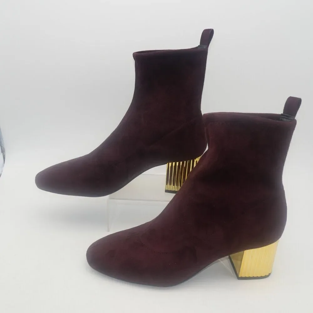 NEW Michael Kors Woman's 7.5 Porter Boots Suede Merlot Burgundy Gold Block Heel